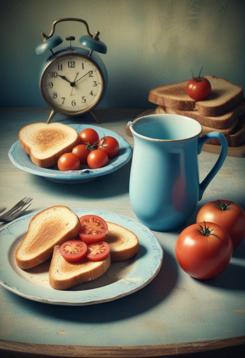 Breakfast table with toast, tomatoes, and clock Breakfast table with toast, tomatoes, and clock