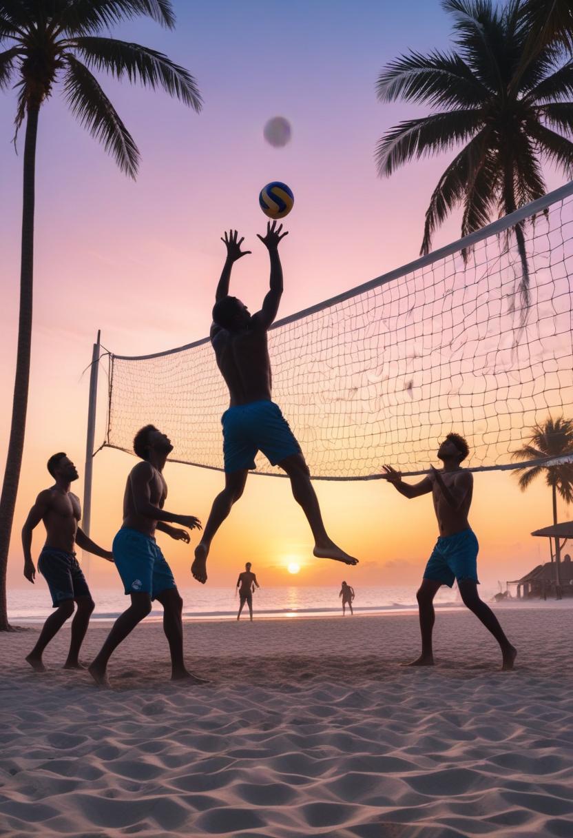 Beach volleyball game at sunset on tropical shore Beach volleyball game at sunset on tropical shore