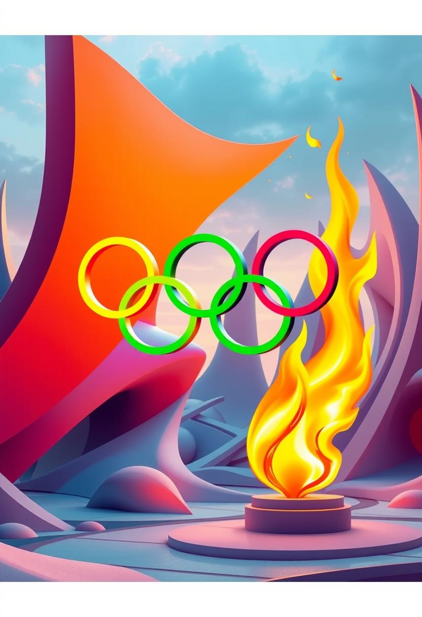 Olympic flame and rings at colorful venue Olympic flame and rings at colorful venue