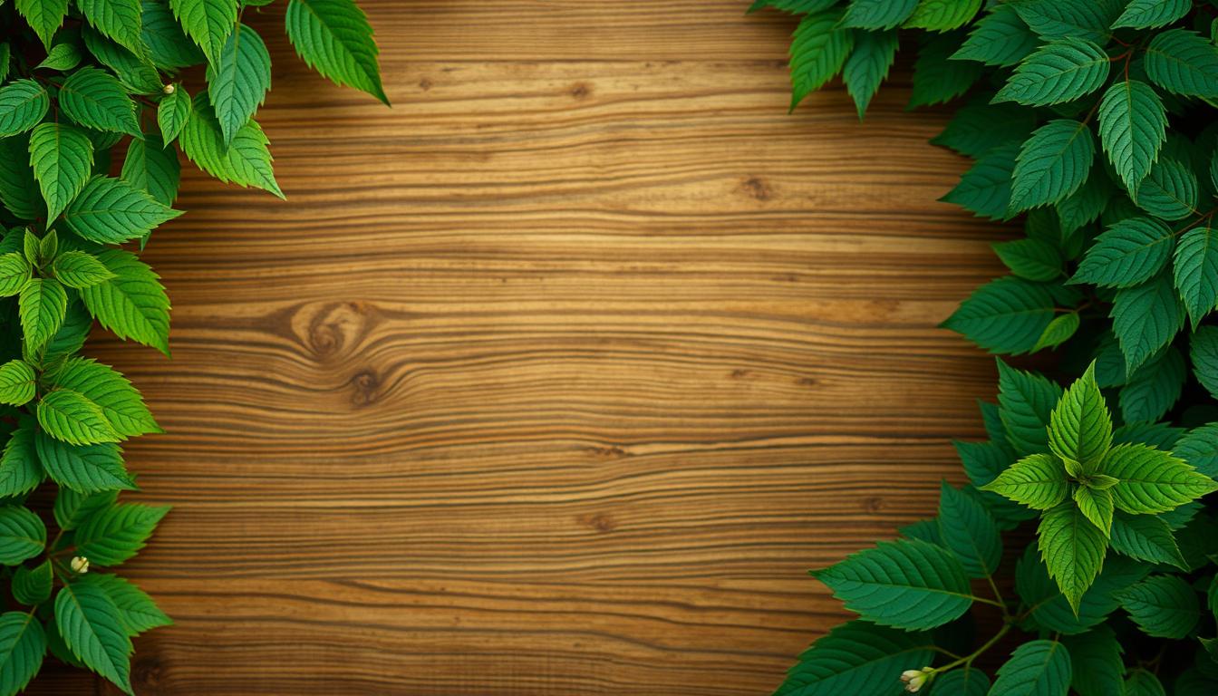 Green leaves framing rustic wooden background Green leaves framing rustic wooden background