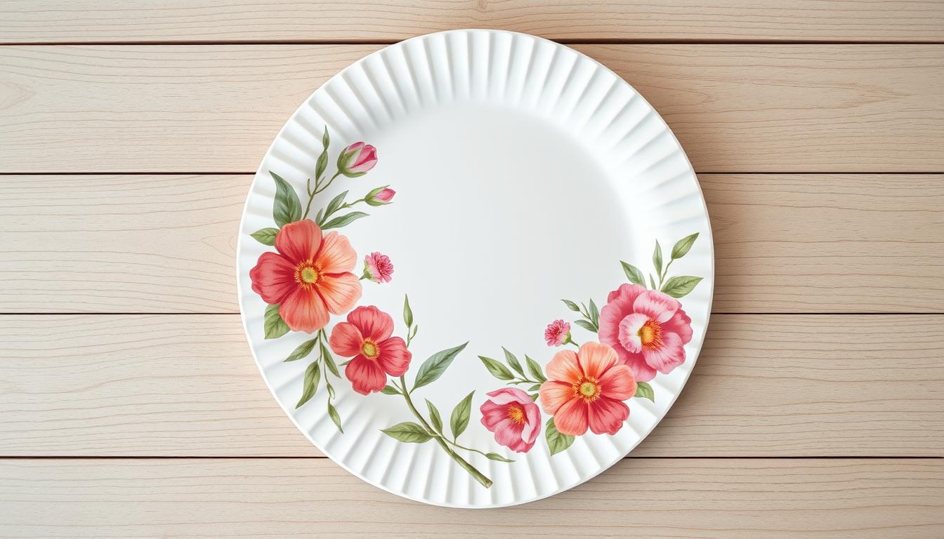 Decorative floral plate on wooden table Decorative floral plate on wooden table