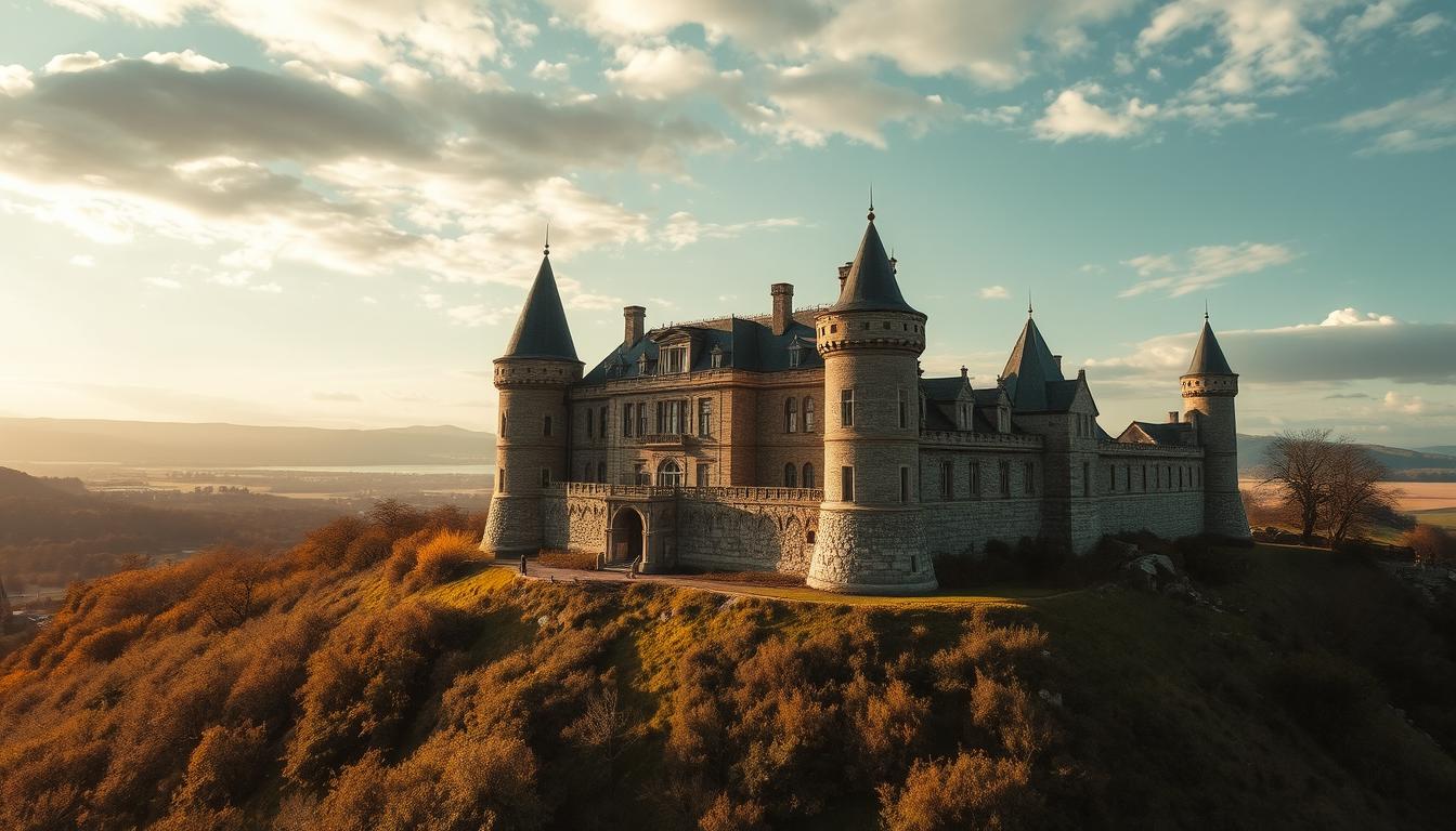 A stone castle perched on a hilltop A stone castle perched on a hilltop