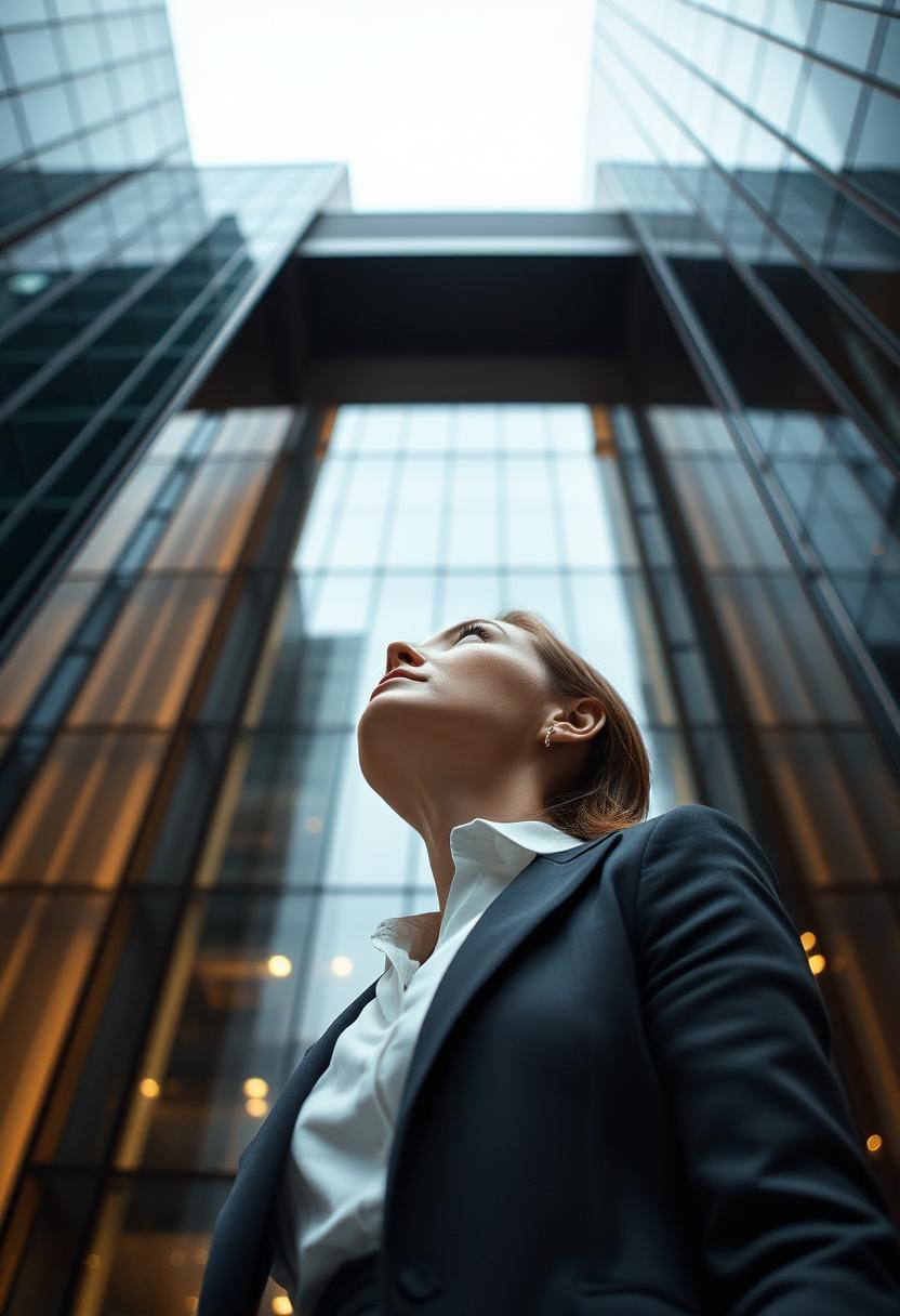 Woman looking up at skyscrapers Woman looking up at skyscrapers