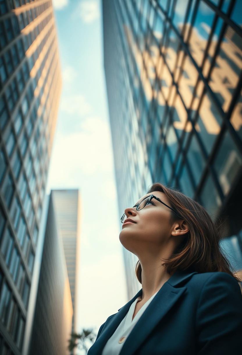 Woman looking up in city Woman looking up in city