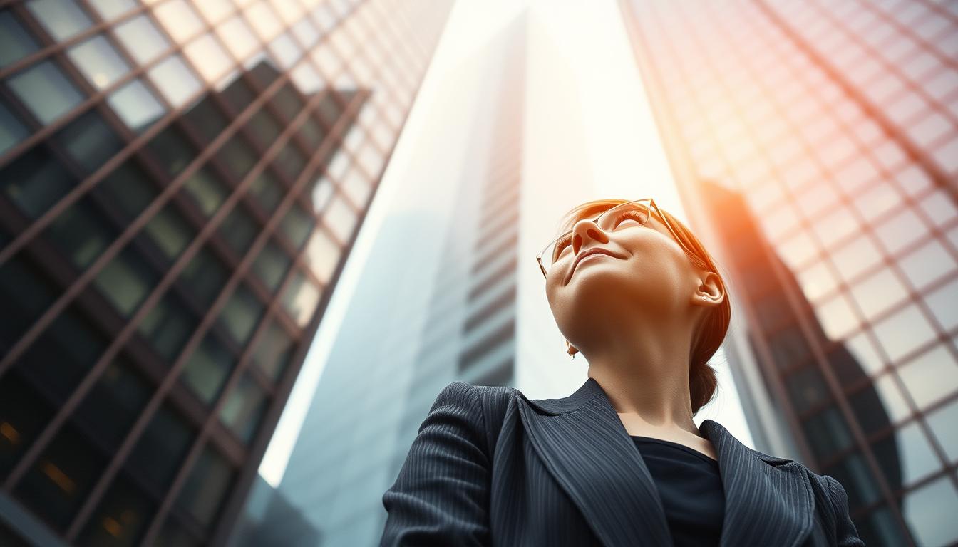 Woman looking up at skyscrapers Woman looking up at skyscrapers