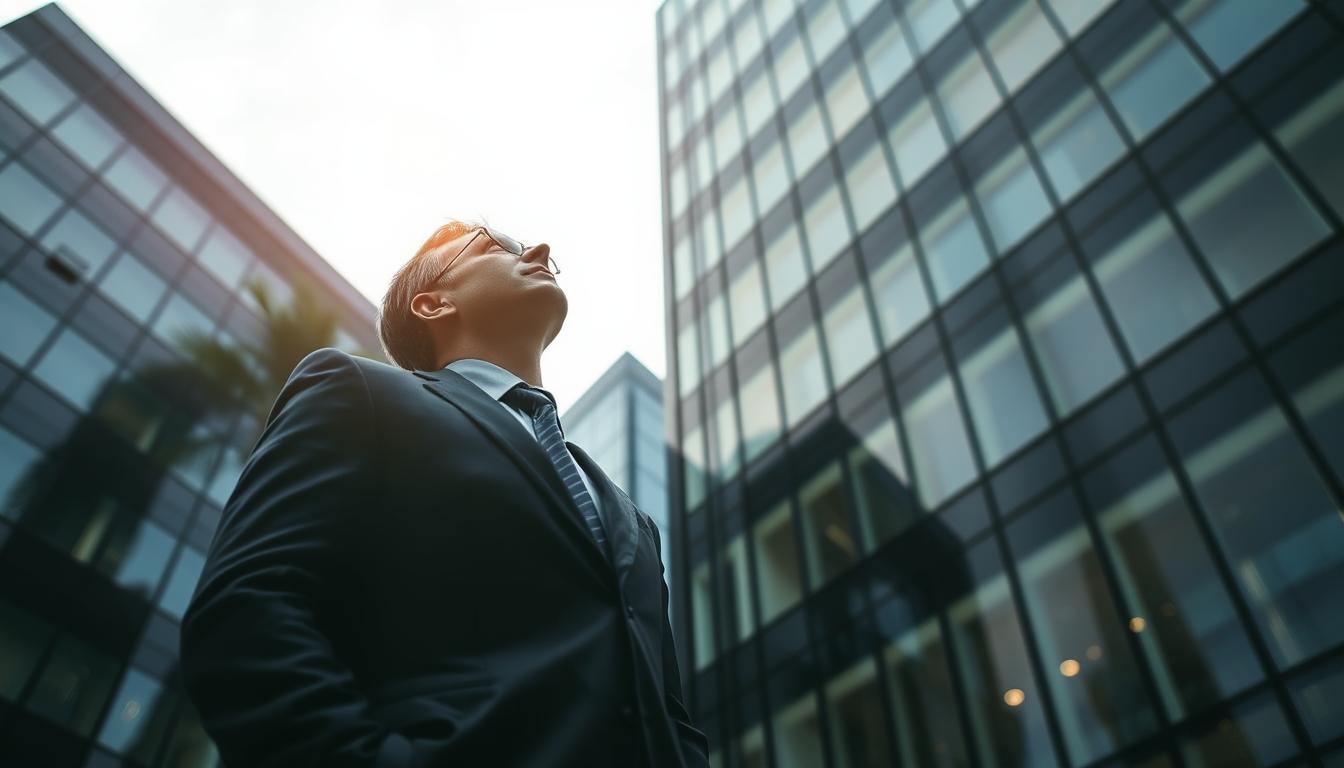 Businessman looking up at skyscrapers Businessman looking up at skyscrapers