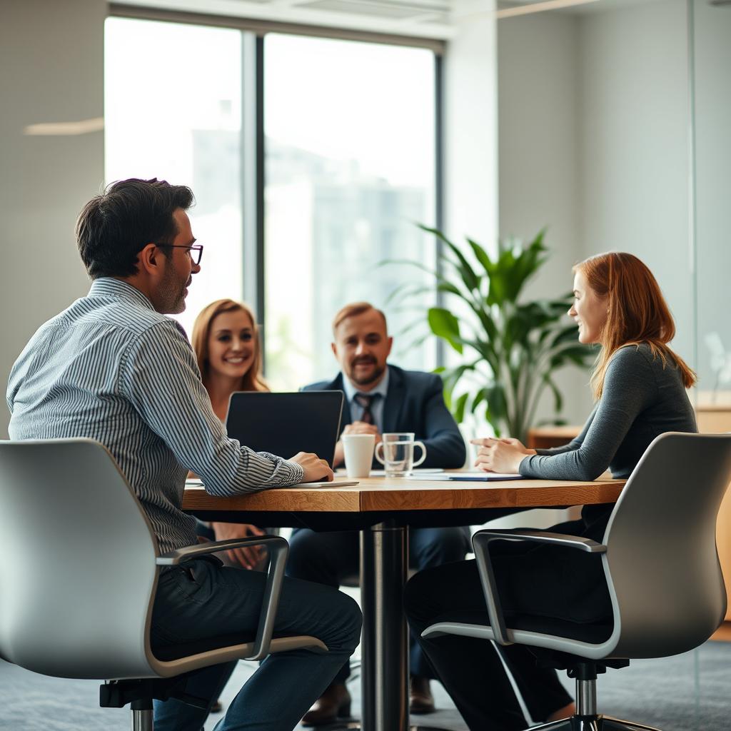A group of colleagues have a meeting in a modern office A group of colleagues have a meeting in a modern office