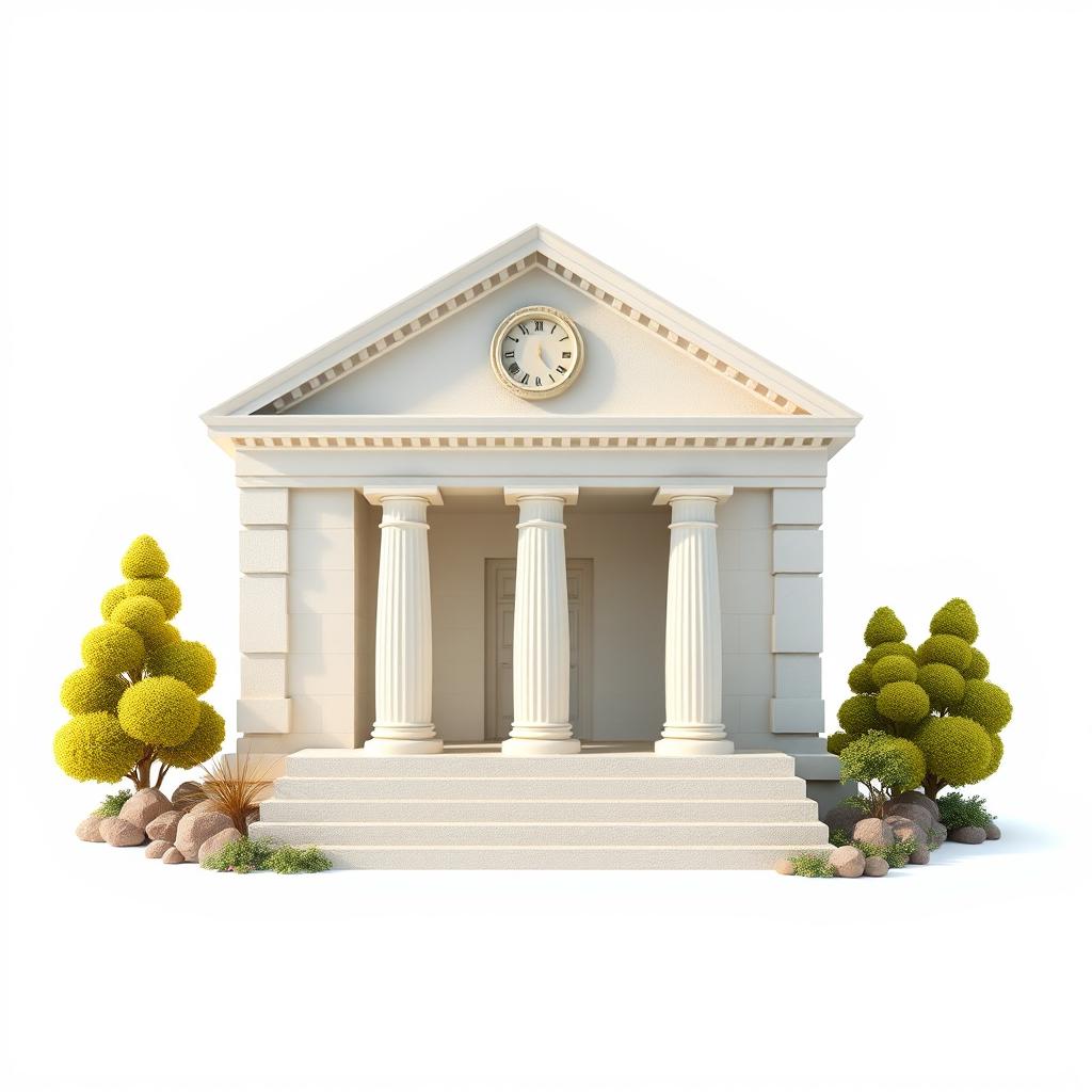 White building with a clock and columns on white White building with a clock and columns on white