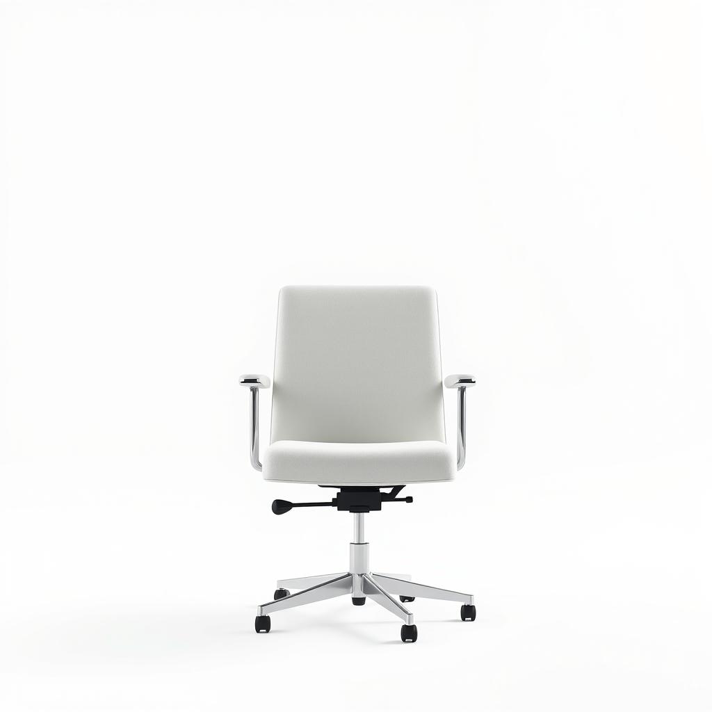 A white office chair with wheels sits on a white floor A white office chair with wheels sits on a white floor