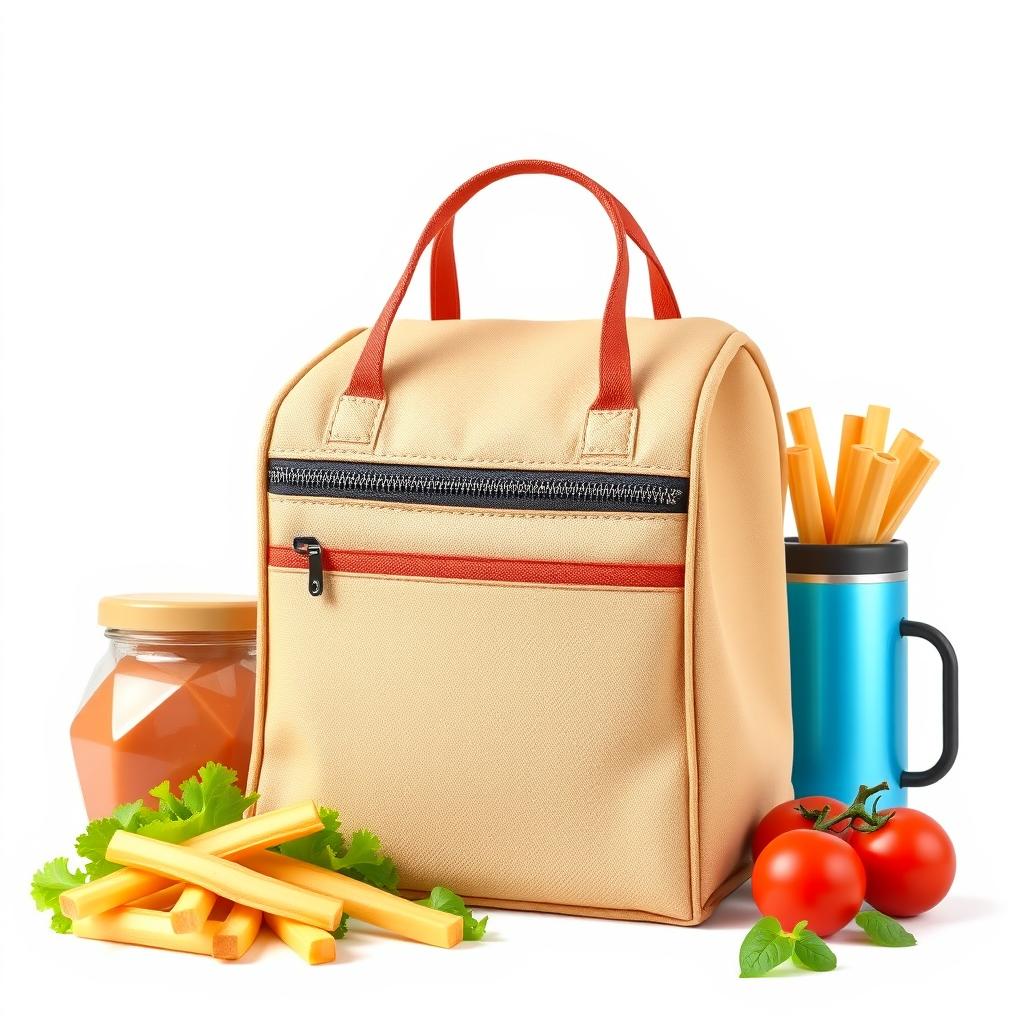 Tan lunch bag with red trim and blue thermos Tan lunch bag with red trim and blue thermos