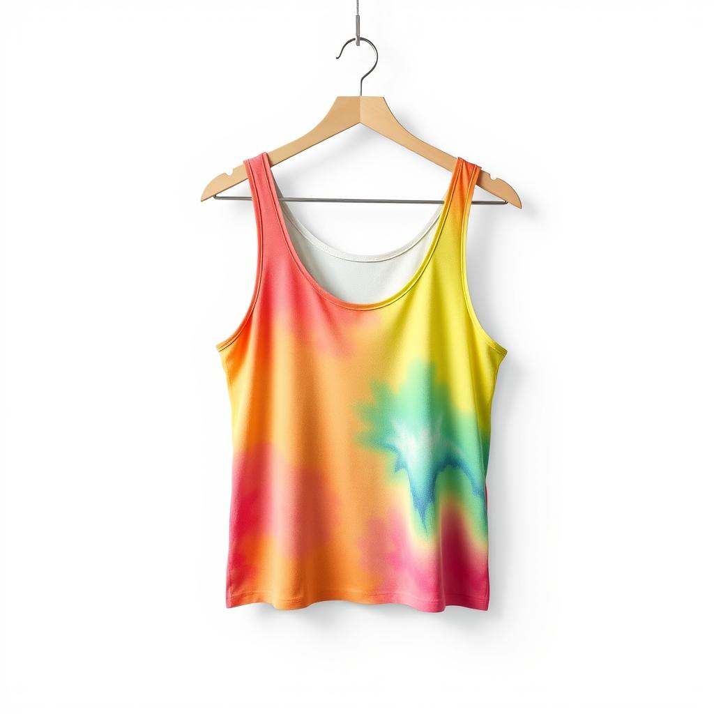 A tie-dye tank top hangs on a hanger A tie-dye tank top hangs on a hanger