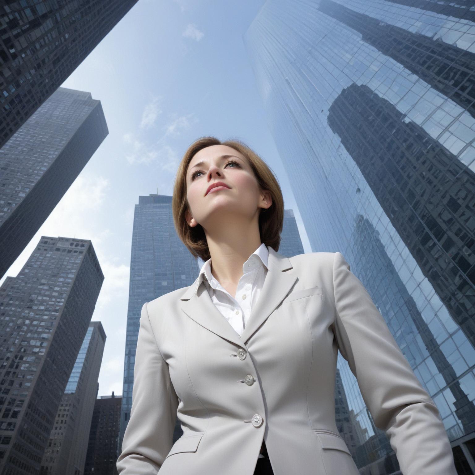A woman in a suit stands in a city A woman in a suit stands in a city