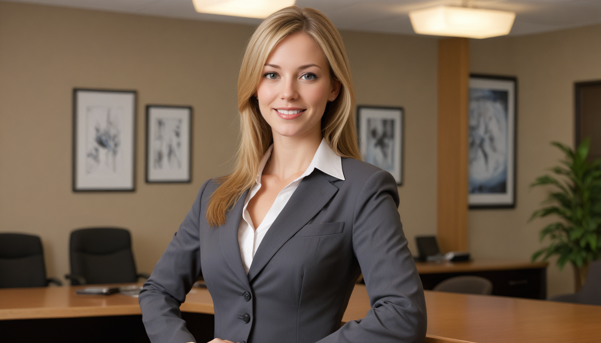 A woman stands in an office, smiling A woman stands in an office, smiling