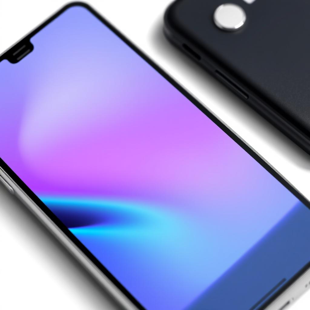 Silver smartphone with blue-purple abstract backdrop Silver smartphone with blue-purple abstract backdrop