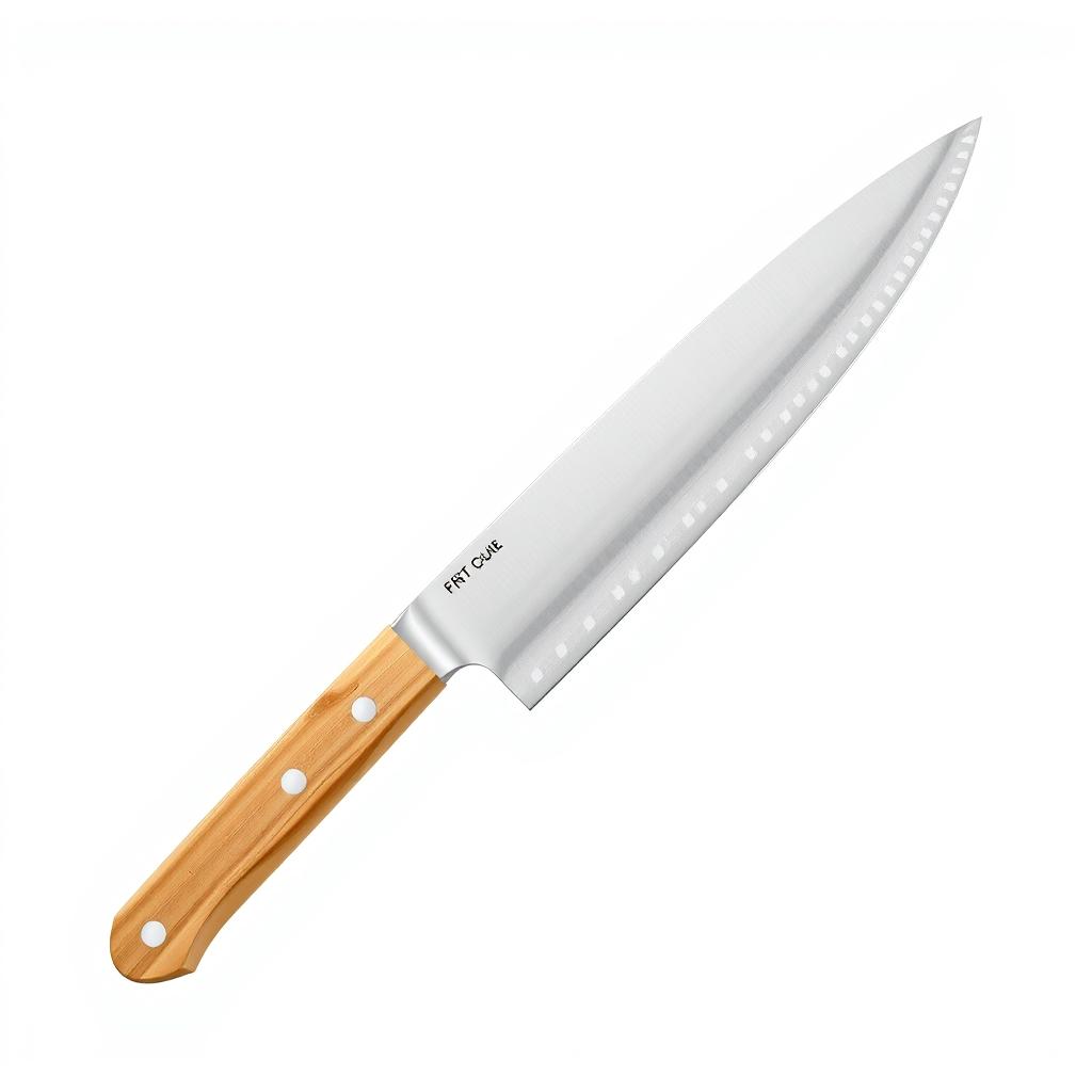 A sharp, stainless steel knife with a wooden handle A sharp, stainless steel knife with a wooden handle
