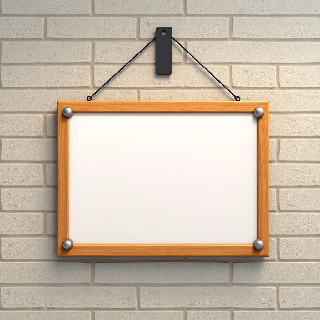 A blank wooden frame hangs on a brick wall A blank wooden frame hangs on a brick wall