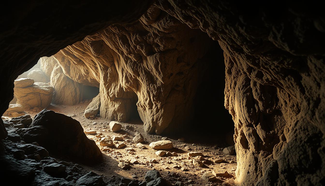 Sunlight shines through the opening of a cave Sunlight shines through the opening of a cave