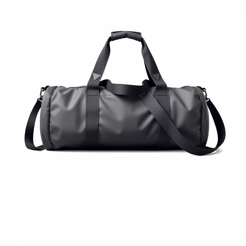 A black duffel bag sits on a white background A black duffel bag sits on a white background