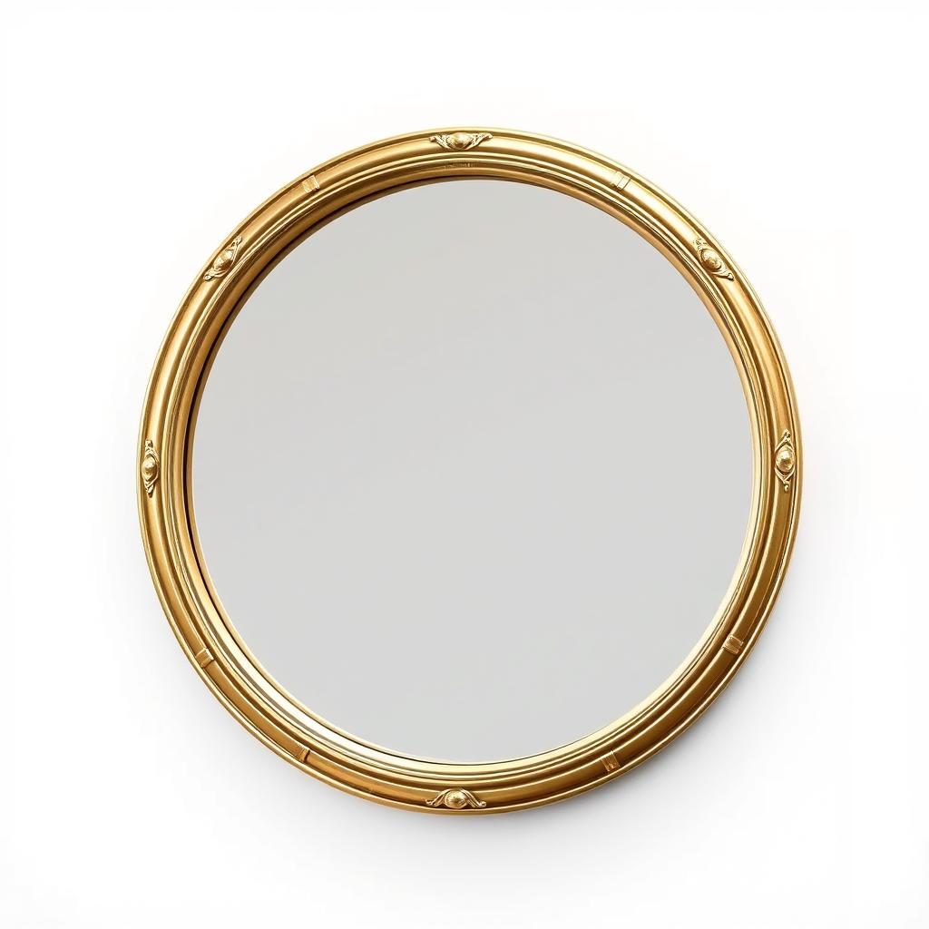 A gold-framed round mirror sits on a white wall A gold-framed round mirror sits on a white wall