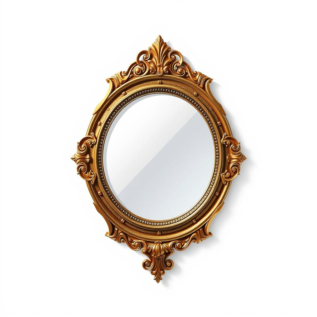A ornate gold mirror hangs on a white wall A ornate gold mirror hangs on a white wall
