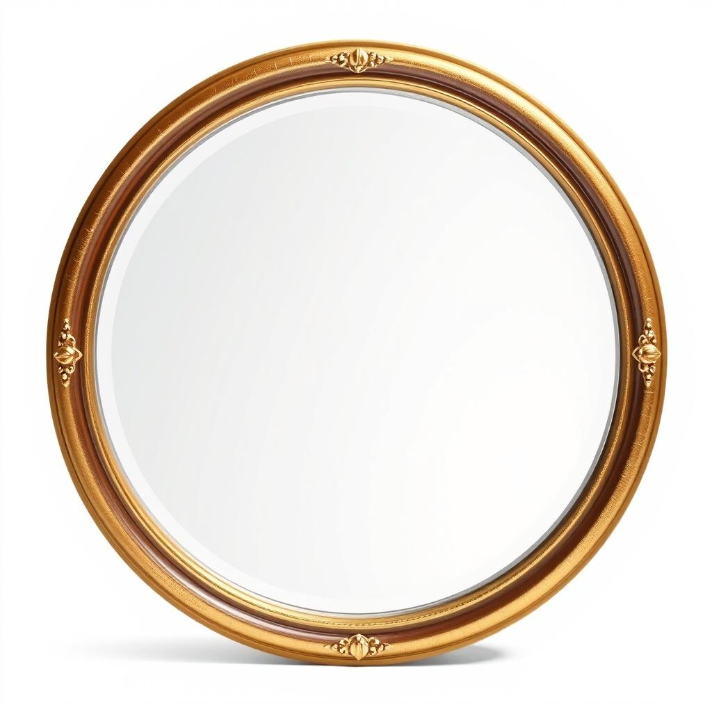 A round gold mirror with ornate details A round gold mirror with ornate details
