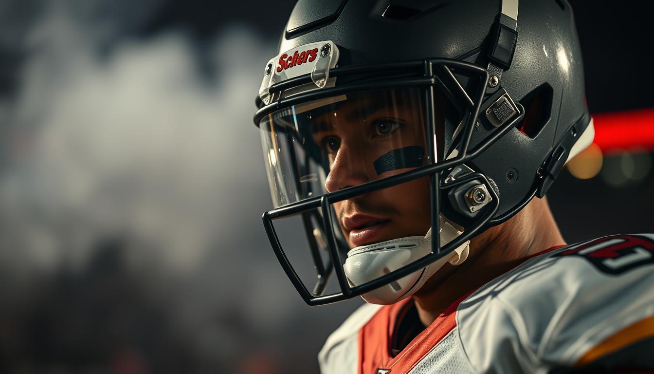 A football player stares intently during a game A football player stares intently during a game