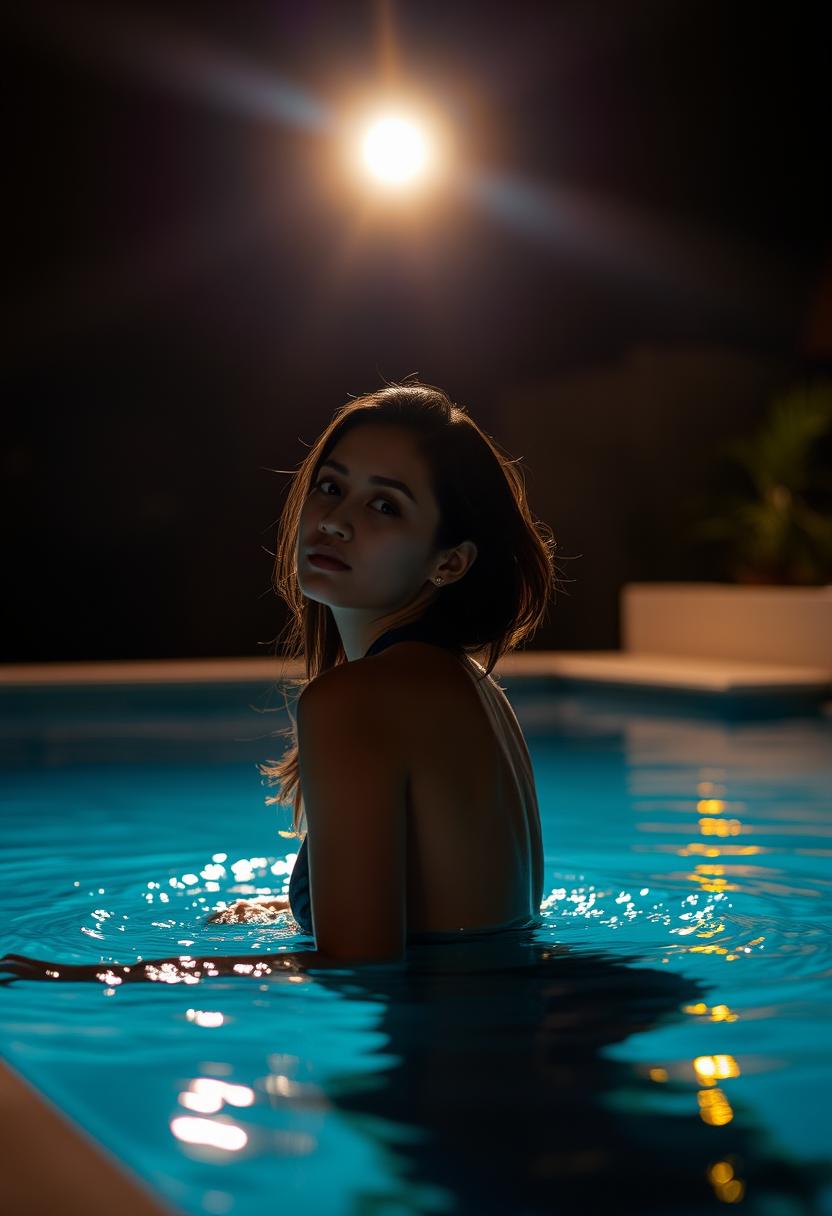 A woman relaxes in a pool at night A woman relaxes in a pool at night