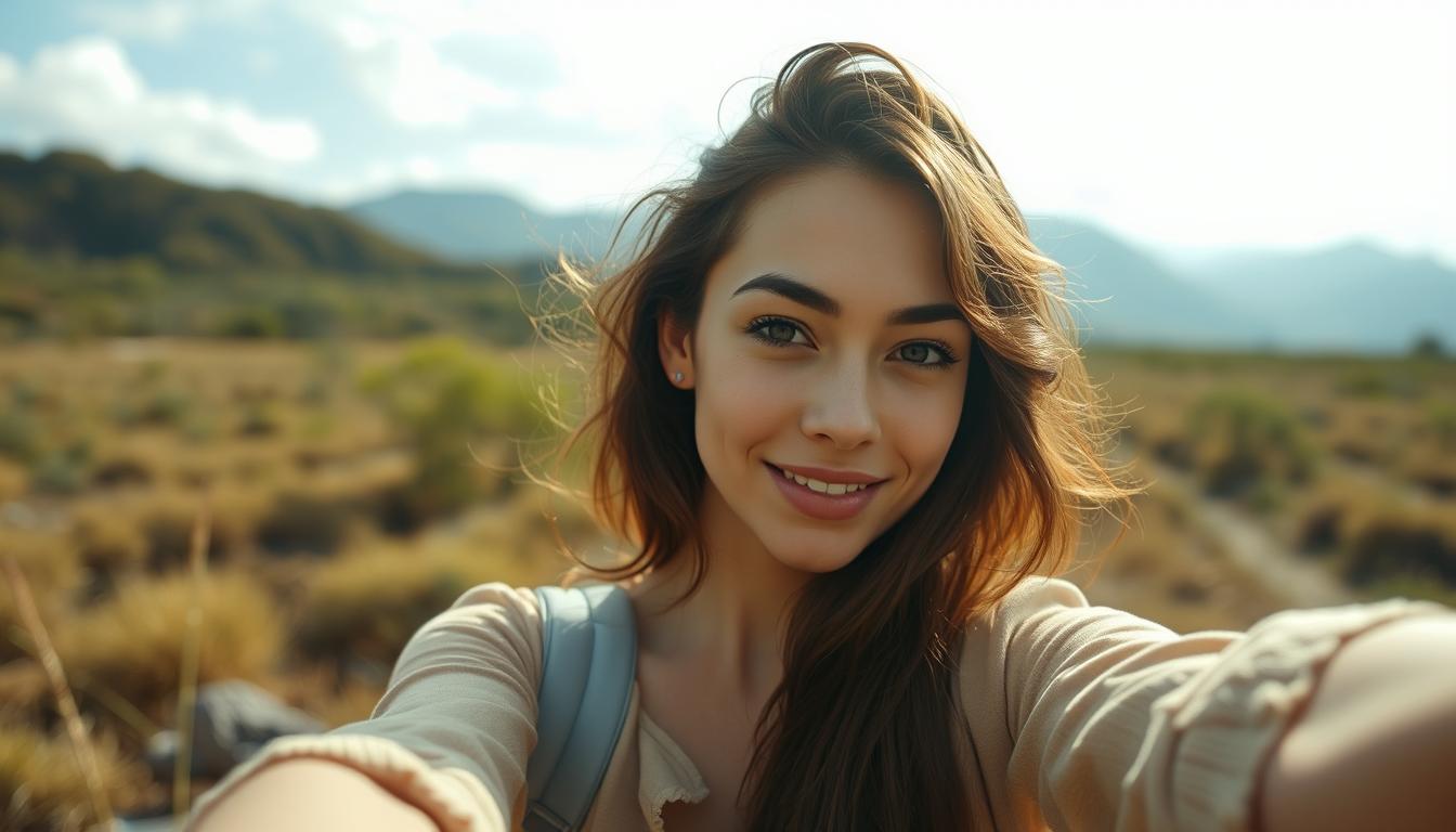 A woman smiles for a selfie in a field A woman smiles for a selfie in a field