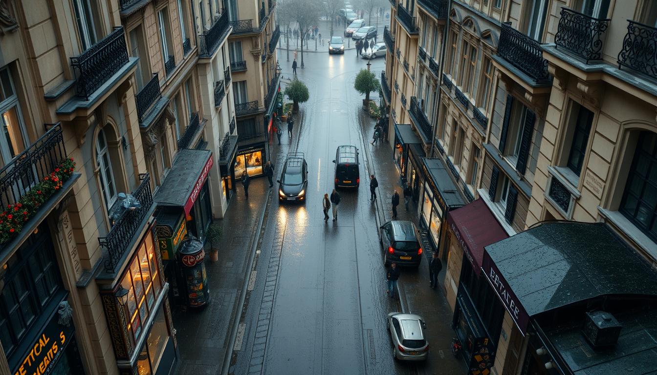 A rainy parisian street lined with buildings A rainy parisian street lined with buildings