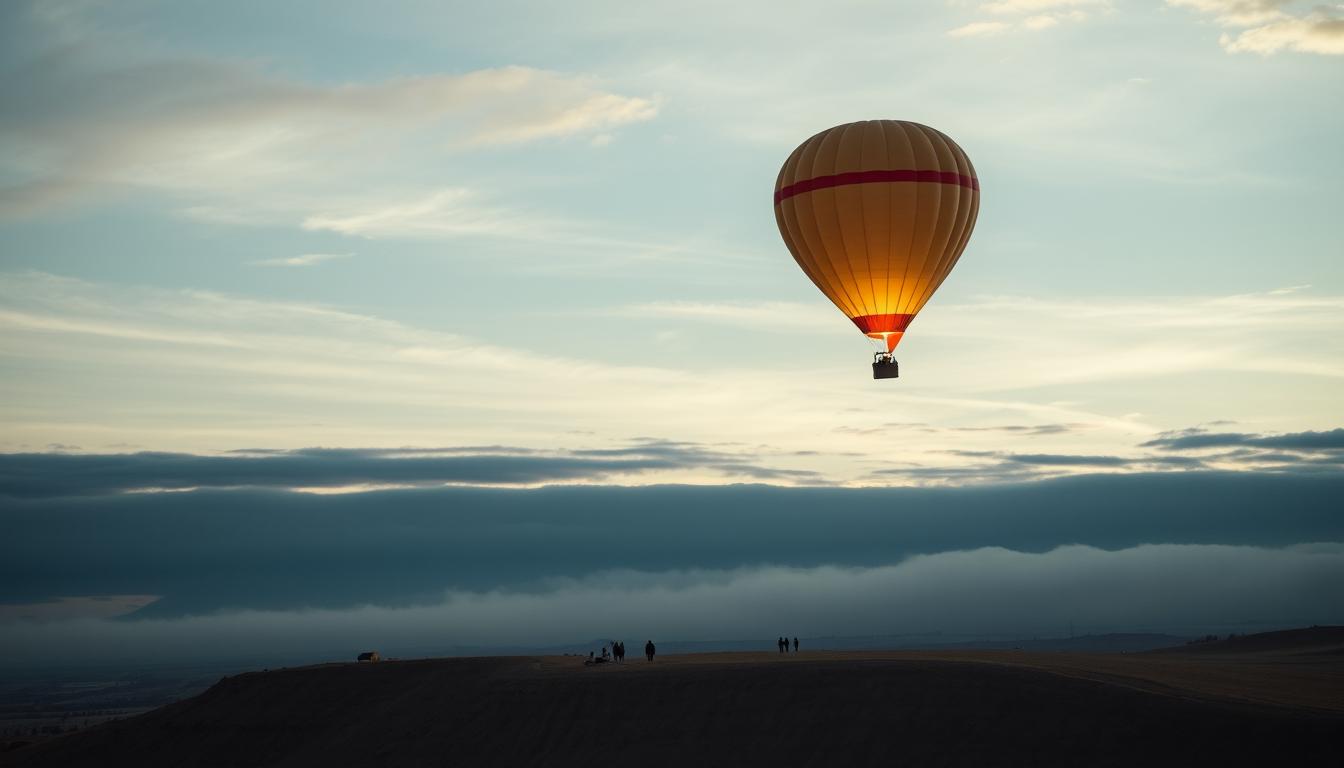 A hot air balloon floats above the clouds at sunset A hot air balloon floats above the clouds at sunset