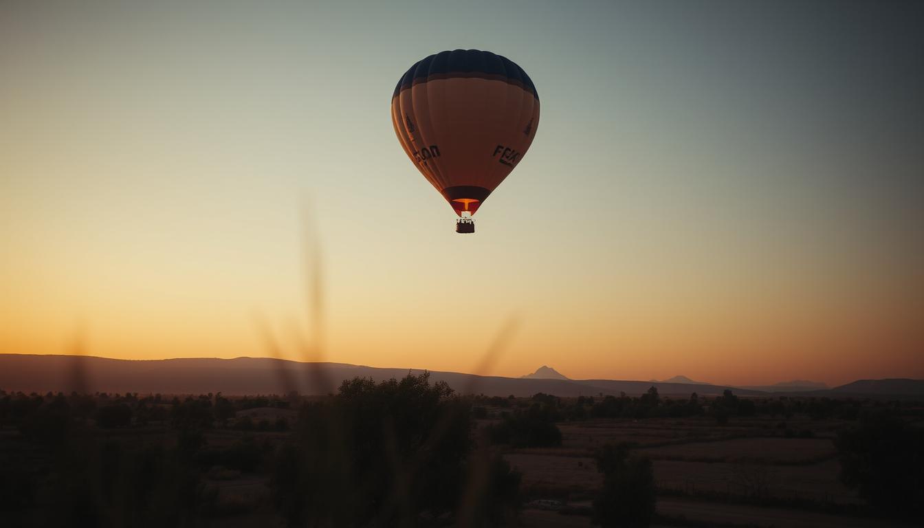 A hot air balloon floats in the sky during sunset A hot air balloon floats in the sky during sunset