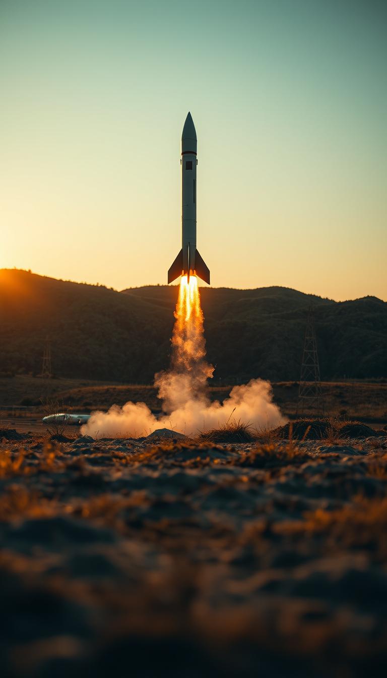 A rocket launches into the sky at sunset A rocket launches into the sky at sunset