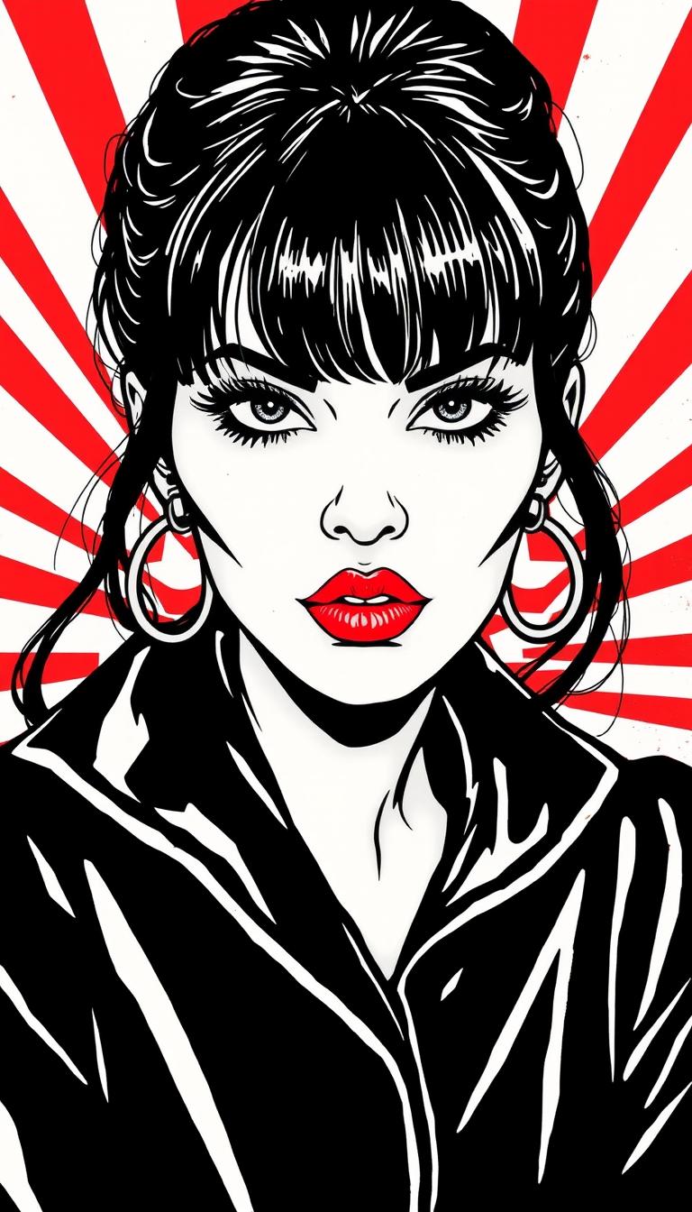 A dark-haired woman with red lipstick gazes intently A dark-haired woman with red lipstick gazes intently