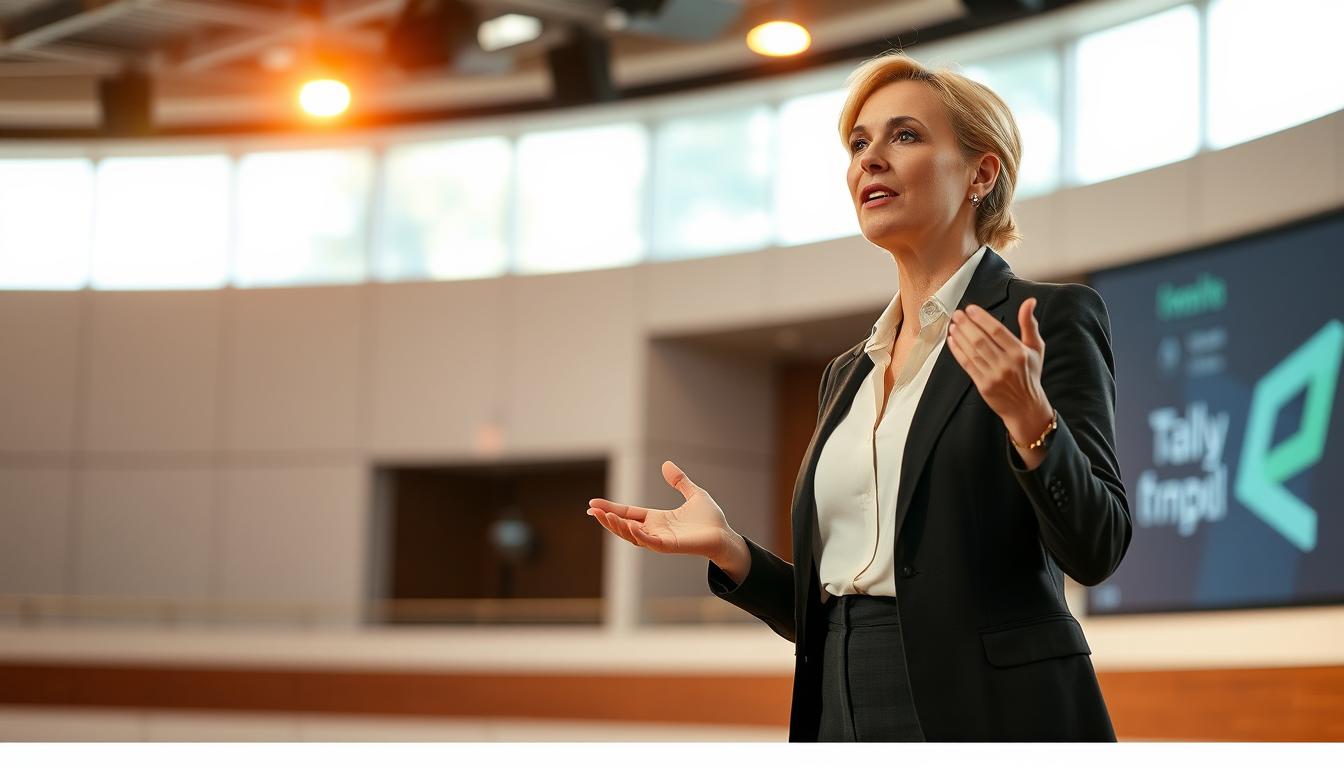 A woman gives a presentation at a conference A woman gives a presentation at a conference