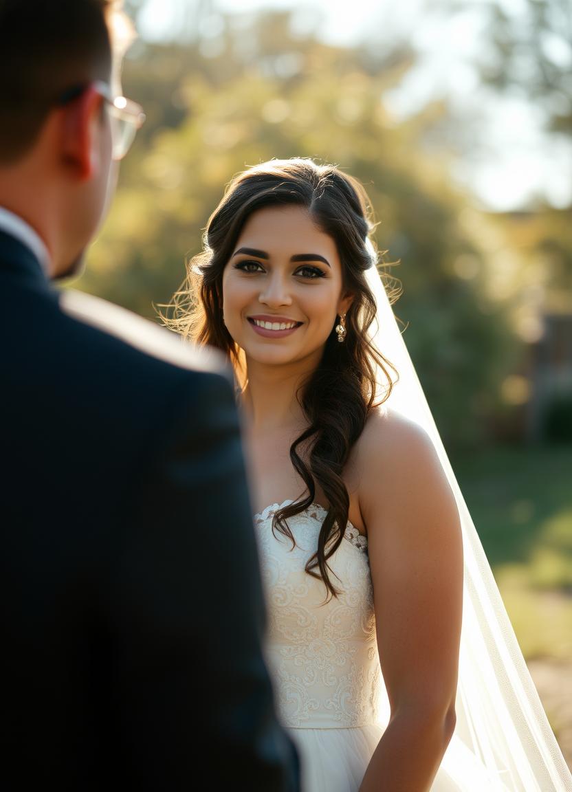 Bride smiles at groom in outdoor ceremony Bride smiles at groom in outdoor ceremony