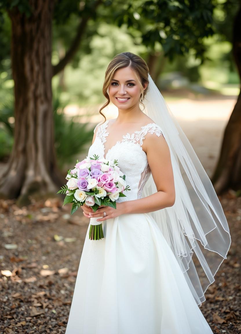 A bride smiles in a garden, holding a bouquet A bride smiles in a garden, holding a bouquet