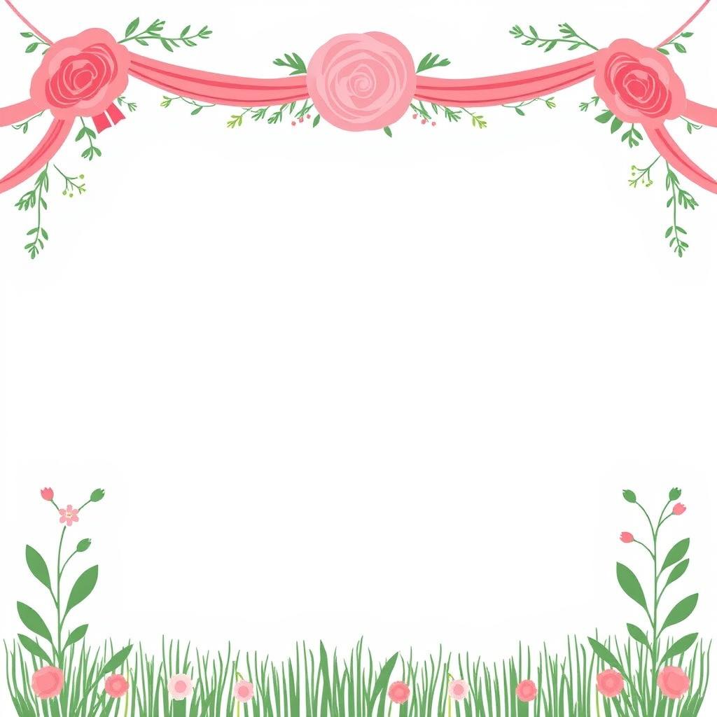 Pink flowers and ribbon decorate a white background Pink flowers and ribbon decorate a white background