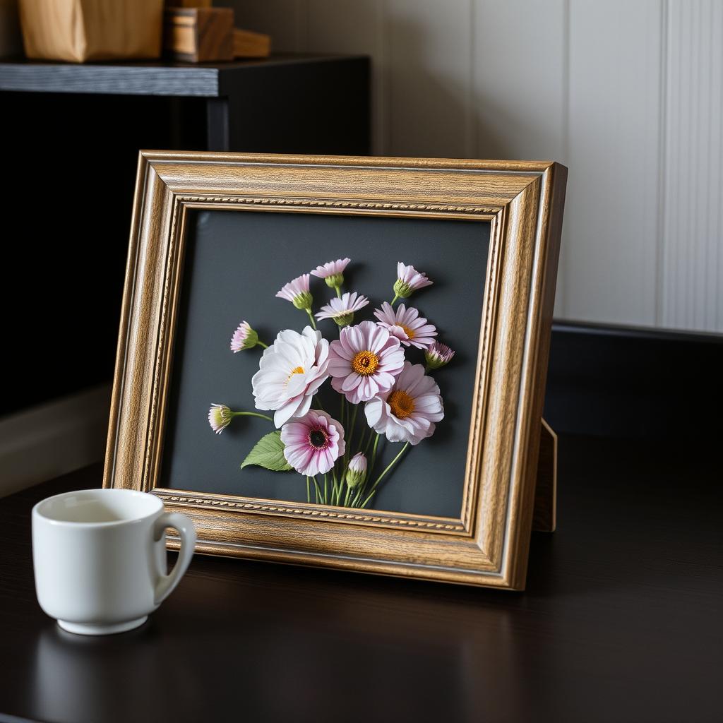 A framed paper flower bouquet sits on a table A framed paper flower bouquet sits on a table