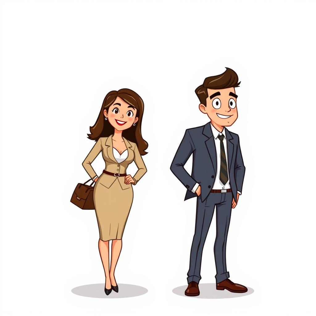 A woman and man in business attire stand smiling A woman and man in business attire stand smiling