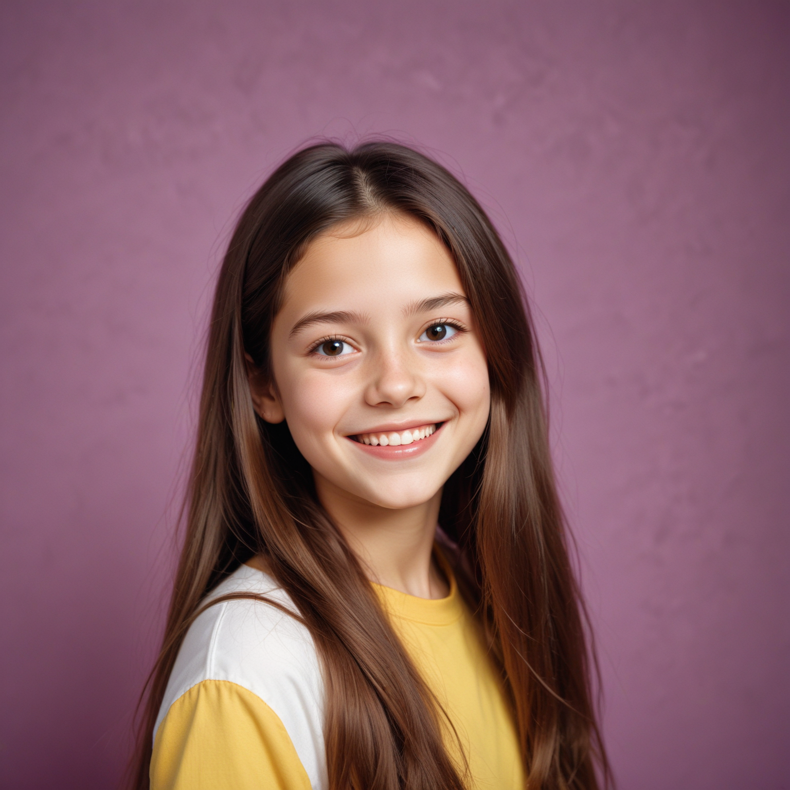 A young girl smiles against a purple background A young girl smiles against a purple background