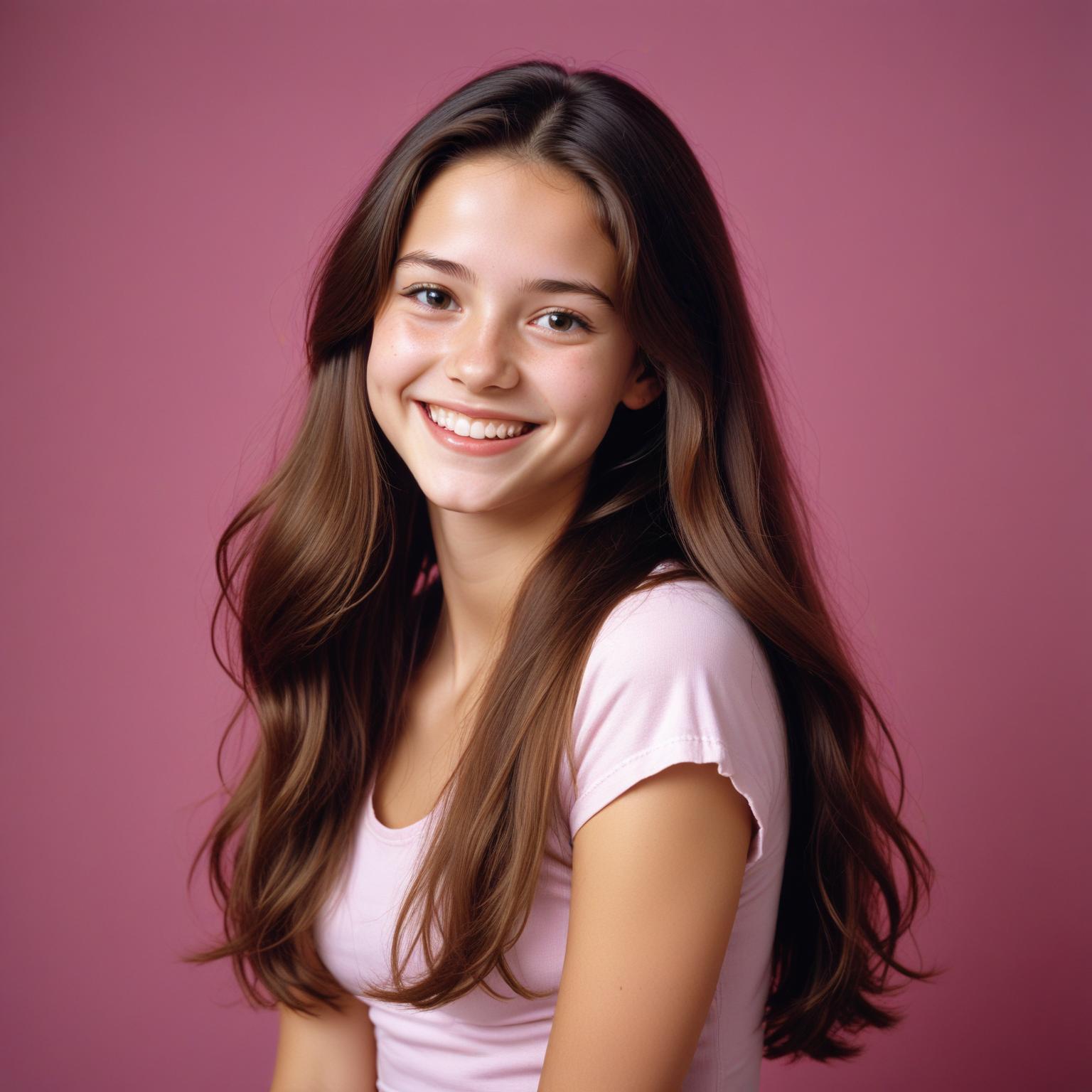 A woman smiles in front of a pink background A woman smiles in front of a pink background
