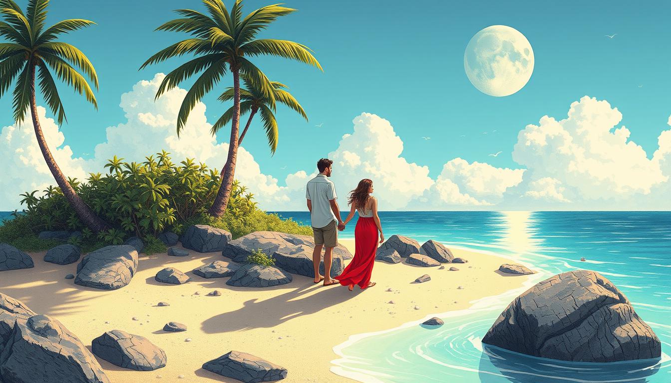 A couple walks hand-in-hand along a tropical beach A couple walks hand-in-hand along a tropical beach