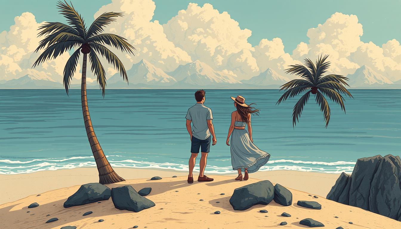 A couple admires the view on a tropical beach A couple admires the view on a tropical beach