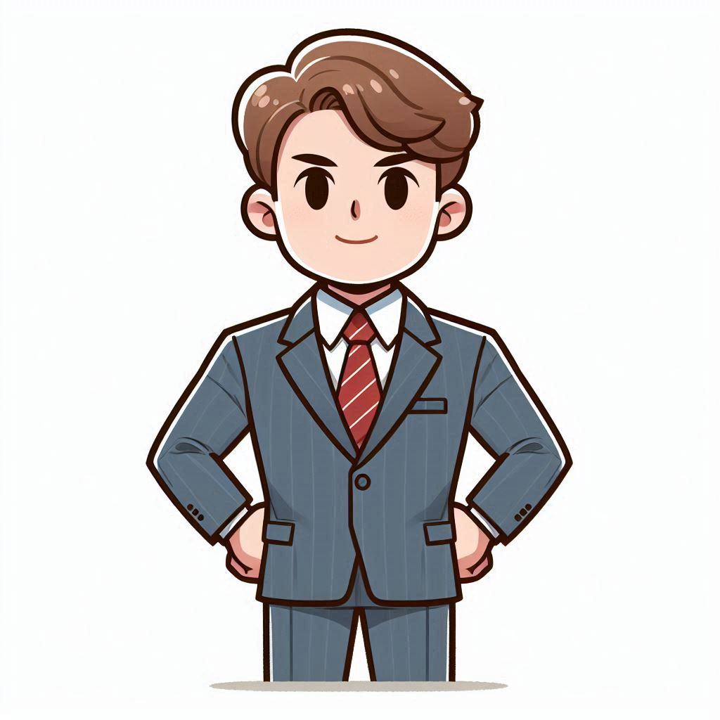 A cartoon man in a suit stands confidently A cartoon man in a suit stands confidently