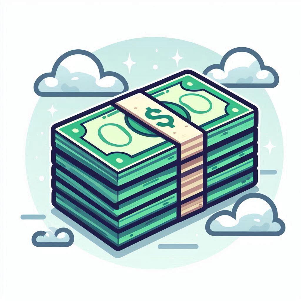 A stack of cash floats in the clouds A stack of cash floats in the clouds