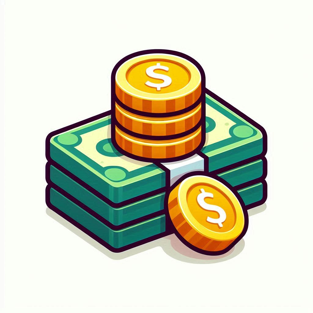 A stack of dollar bills and gold coins A stack of dollar bills and gold coins