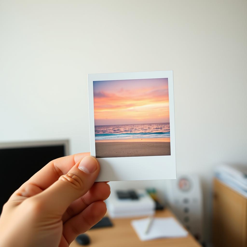 A hand holds a photo of a beach sunset A hand holds a photo of a beach sunset