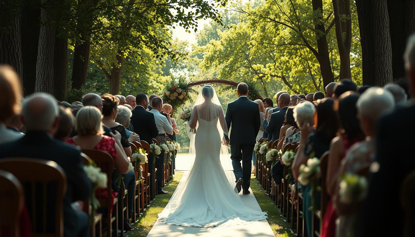 Bride and groom walk down the outdoor aisle Bride and groom walk down the outdoor aisle