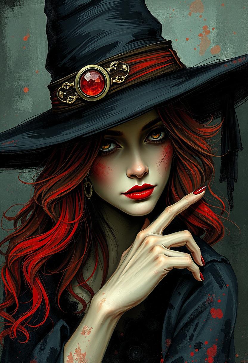 Red-haired woman in a black hat gazes intently Red-haired woman in a black hat gazes intently