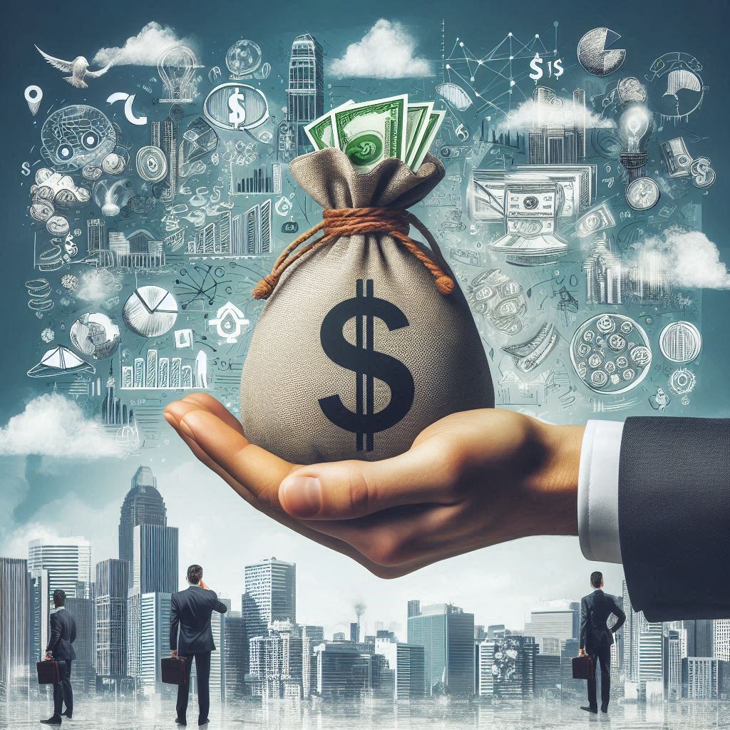 A large hand holds a money bag over a city skyline A large hand holds a money bag over a city skyline